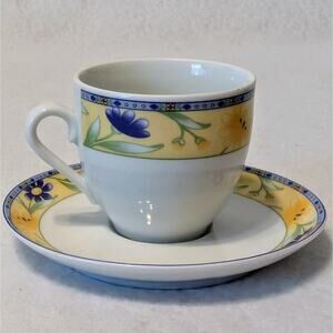 Bavarian Porcelain Coffee Cup And Saucer Yellow And. Blue Floral